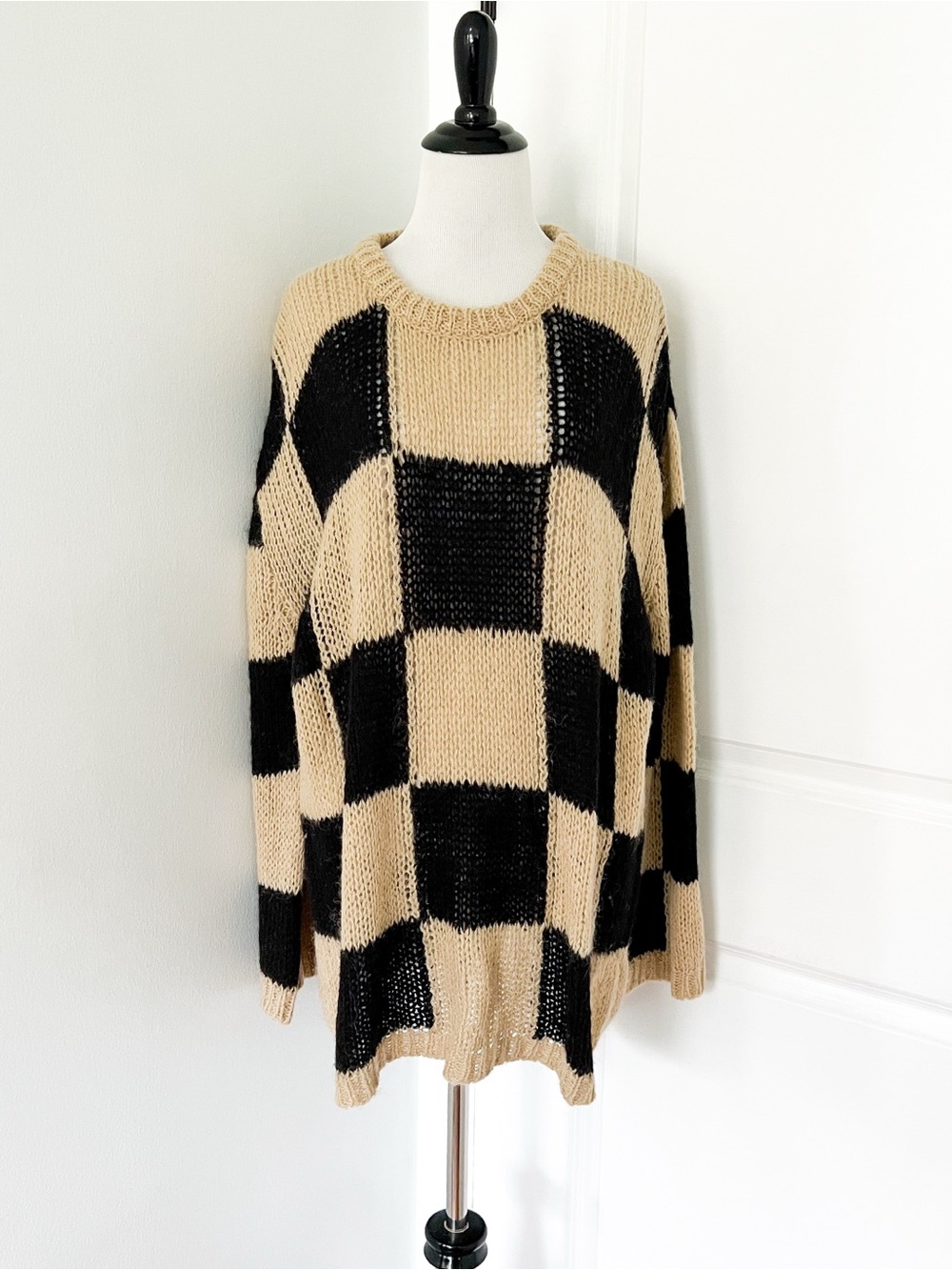 The Open Product Oversized Checkerboard Crewneck Sweater in Beige and Black